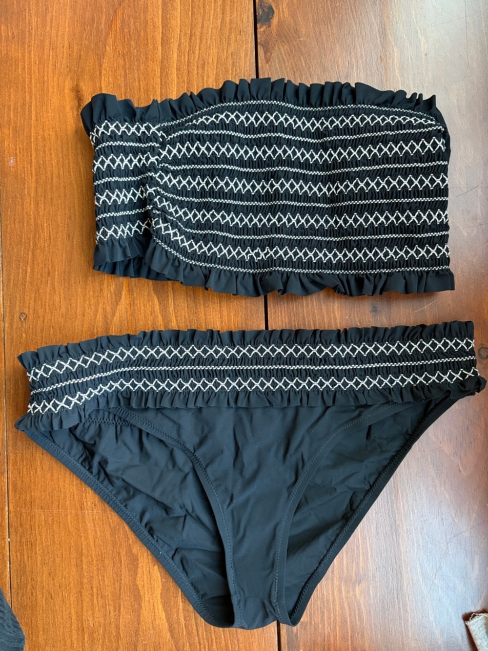 Tory Burch Black Strapless Smocked Bikini Set with White Stitching